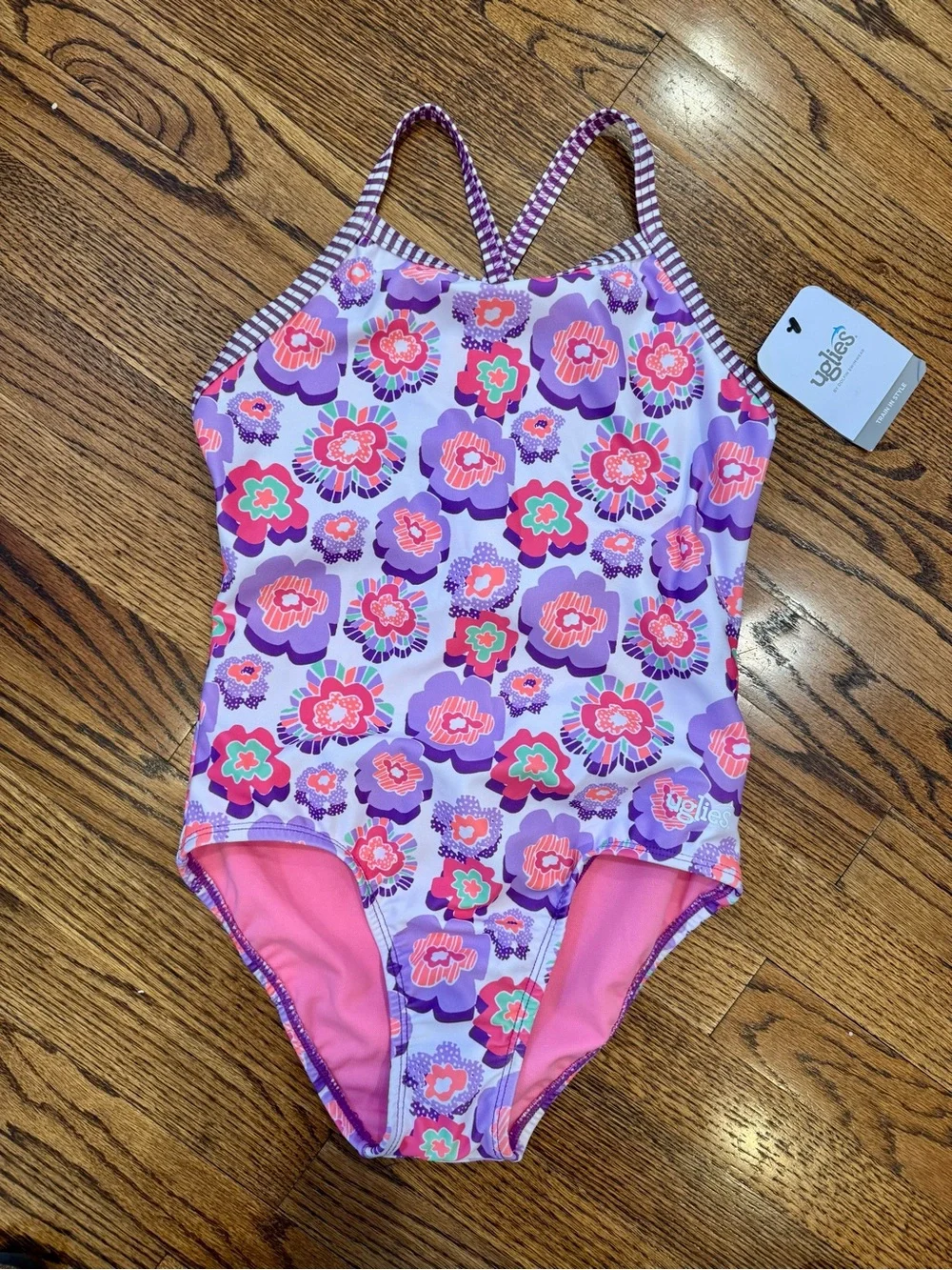 NWT New DOLFIN UGLIES Girls Criss Cross Back Racing Swimsuit Purple Floral 16
